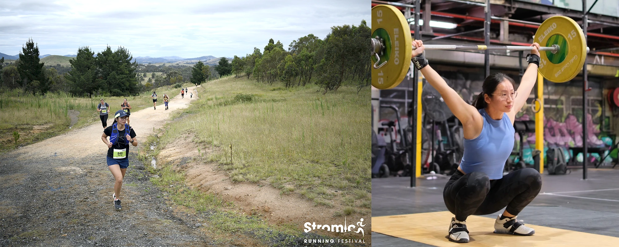 Podiatrist Yen-Chii Wong running in the Stromlo Running Festival and participating in competitive weight-lifting